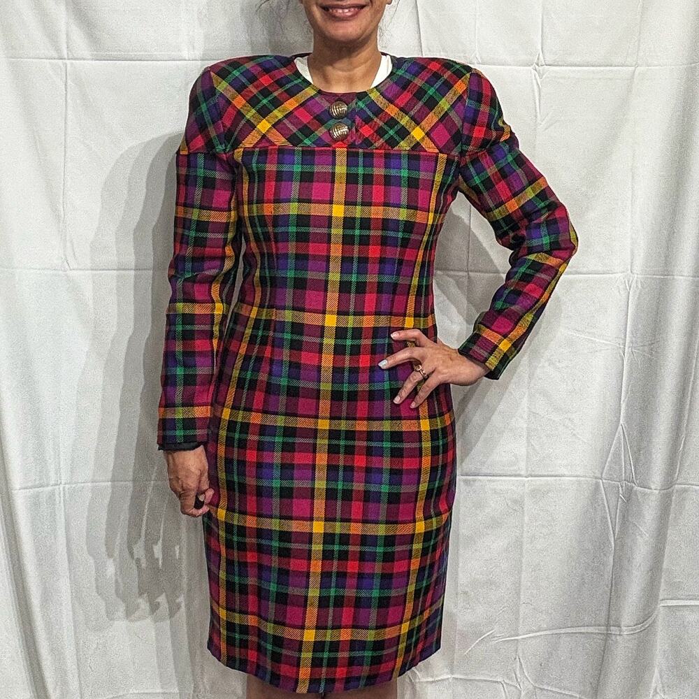 Howard Wolf Black Plaid Vintage 80s 90s Midi Dress Long Sleeve Sz 8